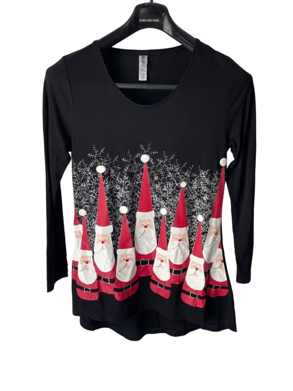 Mac & Belle Black Christmas Santa Print Long Sleeve Top S Polyester Rayon Blend